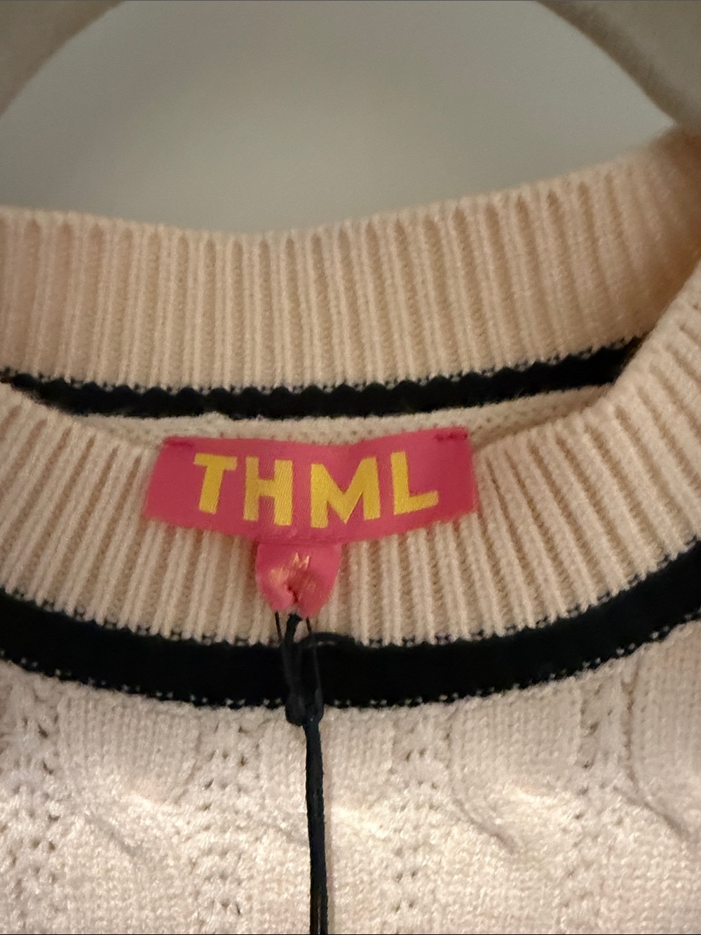 THML Cream Cable-Knit Short Sleeve Sweater with Black Bow/Pearl Accents - Picture 2 of 4